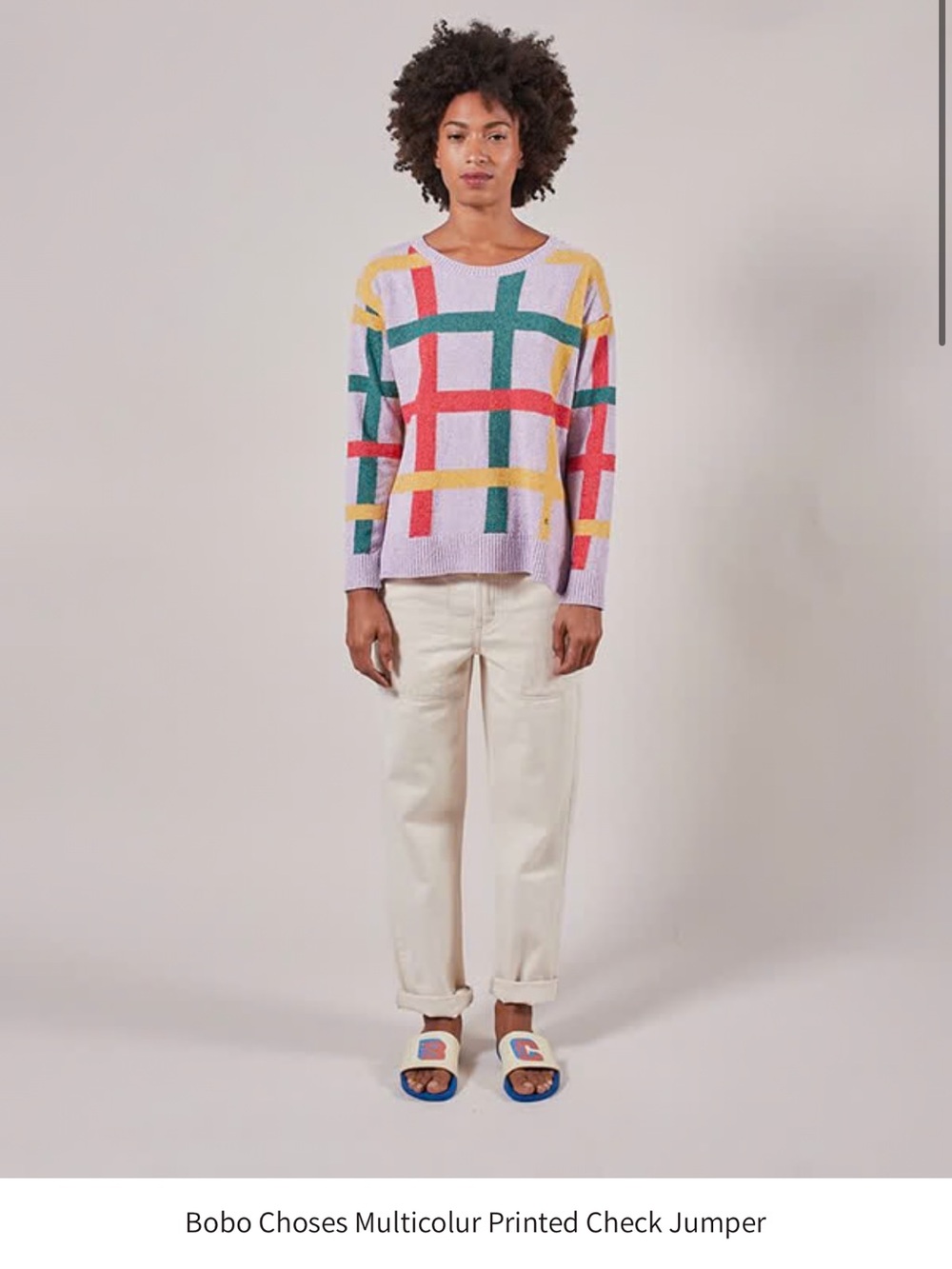 Bobo Choses Lavender Crewneck Sweater with Red, Green and Yellow Plaid
